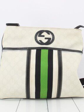 Gucci White Canvas Shoulder Bag with Green and Black Stripe
